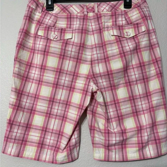 Talbots Vibrant Pink and Yellow Plaid Walking Shorts Pockets Side and Back. 10 - Picture 4 of 10